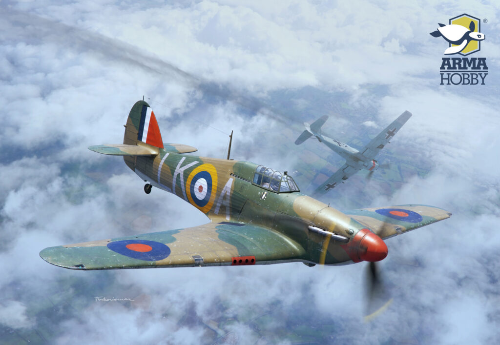 Arma Hobby 40017 Hurricane Mk I 1/48 – box art z samolotem z Bitwy o Anglię