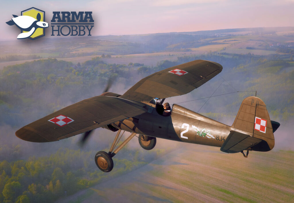 Wacław Łapkowski's PZL P.11c number 2 with the Salamander emblem in flight, artwork by Piotr Forkasiewicz
