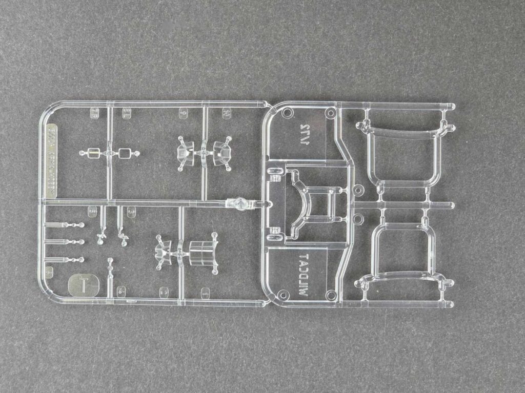 Clear sprue of the F4F-3 Wildcat kit with canopies and Arma Jig