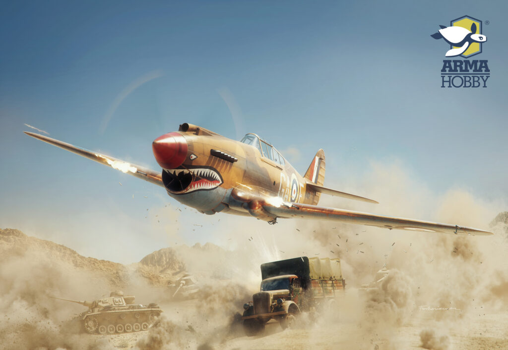 Curtiss Tomahawk Mk IIB nad pustynią libijską – boxart modelu Arma Hobby 70095