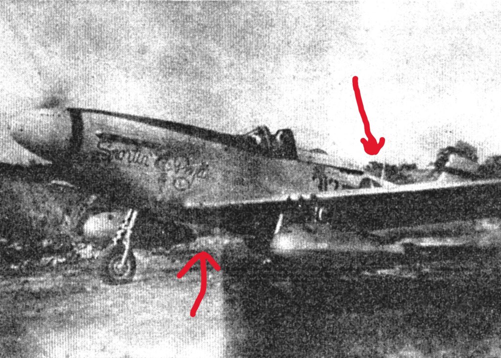 P-51D Snortin’ Phyllie apparently showing a single radio mast on the rear fuselage and the short wire-like antenna underneath the aircraft